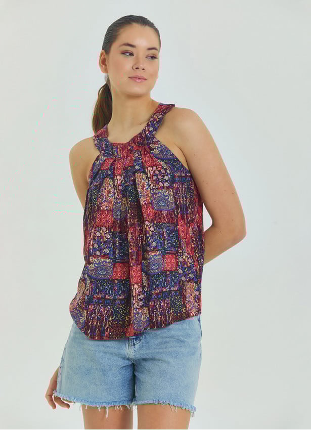 Halter Neck Button Detail Pleated Red Ethnic Blouse 4678